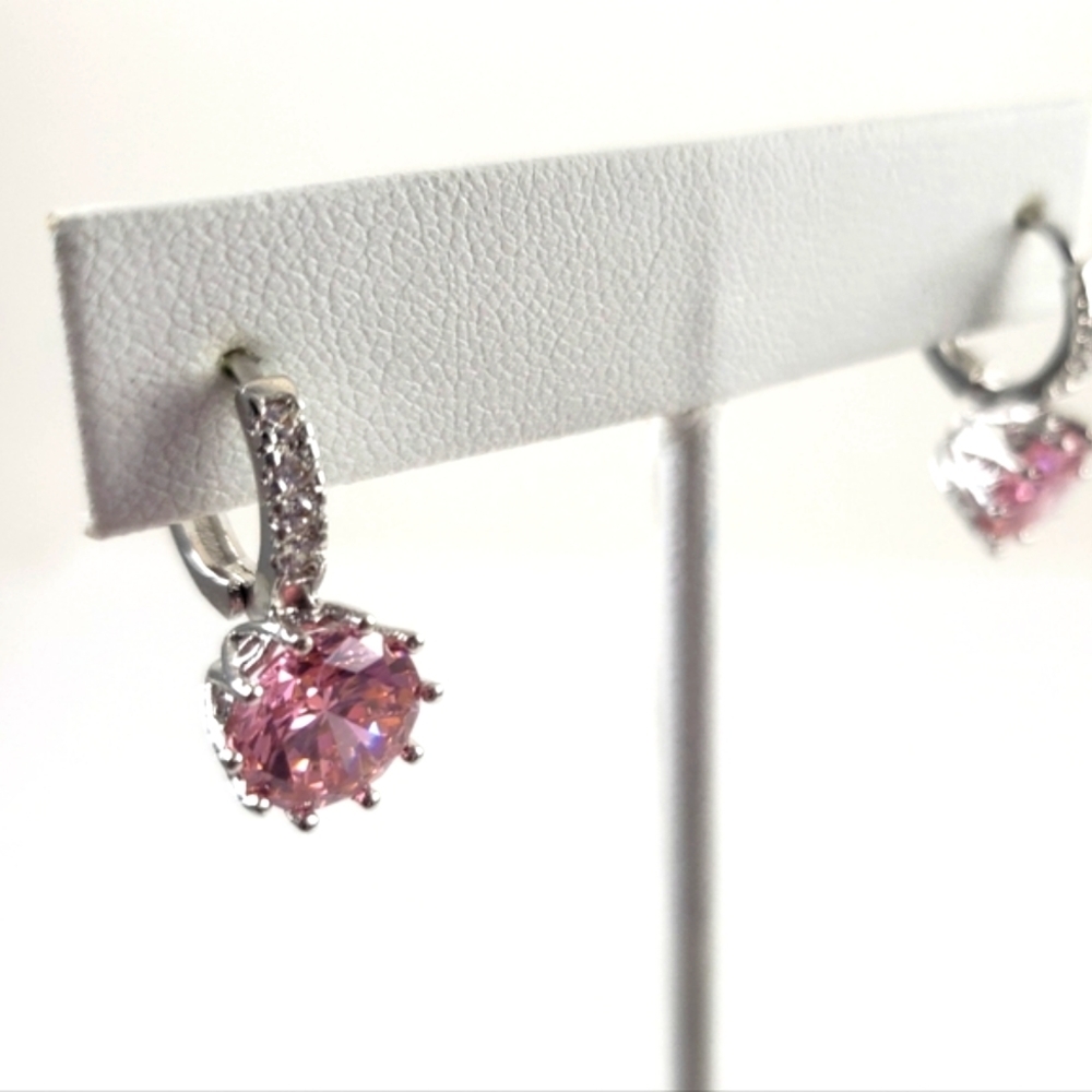 Sterling Silver Pink Dangle Earrings Lever back CZ earrings prong set filigree - Picture 5 of 5